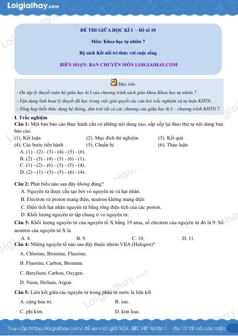 Đề thi giữa kì 1 KHTN 7 Kết nối tri thức - Đề số 10